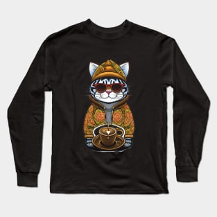 Cute Cat in Sunglasses and Hat with Coffee: Funny Coffee Lover Design Long Sleeve T-Shirt